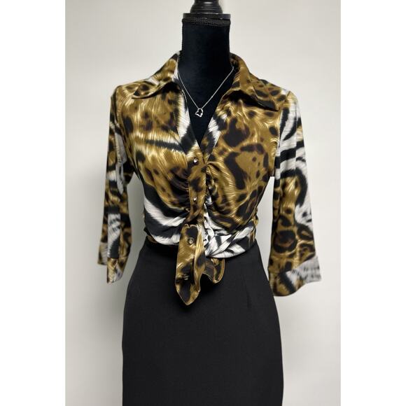 VTG 90s Top Womens Leopard Print Animal Cheetah Medium V-neck 70s Style Collar - Picture 7 of 15